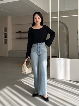 「CAPRICIEUX LE'MAGE（カプリシューレマージュ）のランダムリブプルオーバー（ニット/セーター、ブラック系）」を使った、mami_lemageさん（レディース・158cm）の春コーディネート