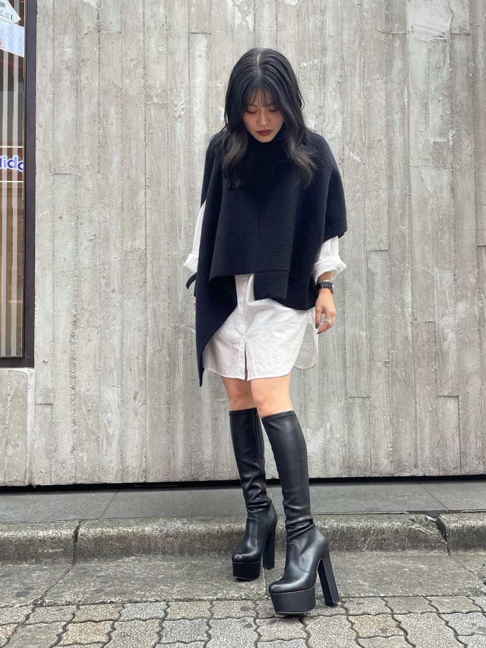 「オトナカジュアル、低身長、低身長コーデ、低身長女子、ロングブーツ、ロングブーツコーデ、R&E渋谷109スタッフコーデ」｜「R&Eの【R&E】太ヒールストレッチロングブーツ（ブーツ、ブラック系）」を使った、R&E_REZOY本部staffさん（レディース・148cm）の秋コーディネートの1枚目の写真