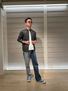 「NOLLEY'S goodman（ノーリーズグッドマン）のアイテム（ライダースジャケット）」を使った、ミサキさん（メンズ・165cm）の秋コーディネート