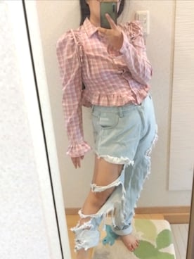 「ponystoneのアイテム（デニムパンツ、ブルー系）」を使った、RURUMIさん（レディース・155cm）の夏コーディネート