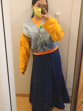 「VINTAGE（ヴィンテージ）のアイテム（デニムスカート）」を使った、RURUMIさん（レディース・155cm）の冬コーディネート