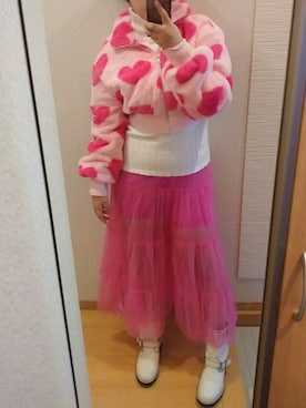 「アイテム（その他アウター、ピンク系）」を使った、RURUMIさん（レディース・155cm）の冬コーディネート