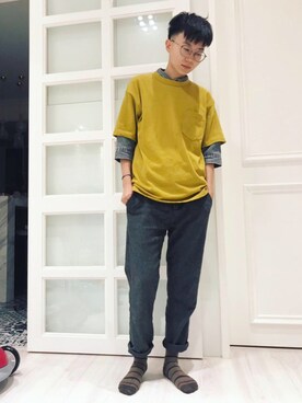 「GU（ジーユー）のアイテム（トップス、イエロー系）」を使った、Nickyさん（レディース・163cm）の夏コーディネート
