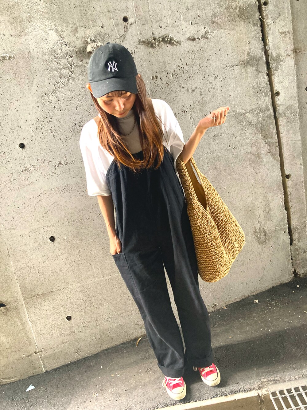 「休日コーデ、カジュアルスタイル、オールインワン」｜「NEW ERAのアイテム（キャップ、ブラック系）」を使った、asfy♡さん（レディース・160cm）の夏コーディネートの1枚目の写真