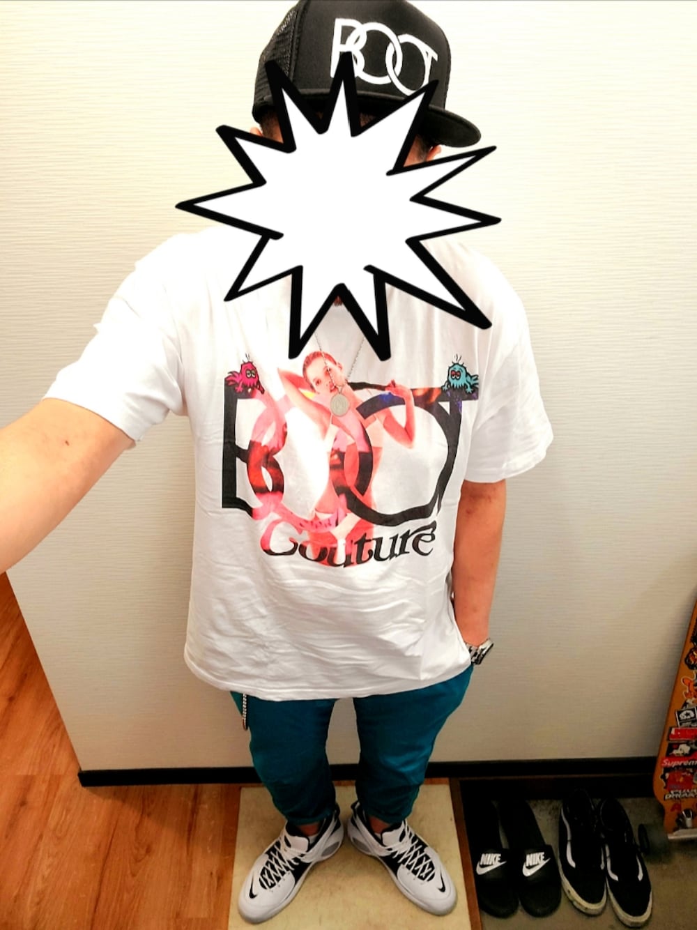 「キャップ、BOOTCOUTURE、ケイトモス、MACKDADDY、カラーパンツ、NIKE、エアズームフライト、ズームフライト95、スニーカー、スニーカーコーデ、ストリート、ストリートコーデ、ストリートファッション、春夏コーデ、休日スタイル」｜「BOOTCOUTURE のアイテム（キャップ、ブラック系）」を使った、きのこ＠毒x毒x毒さん（メンズ・180cm）の春コーディネートの1枚目の写真
