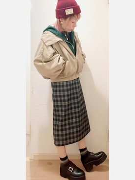 「andme（アンドミー）のアイテム（ブルゾン）」を使った、𝔸𝕤𝕒𝕞𝕚.さん（レディース・157cm）の秋コーディネート