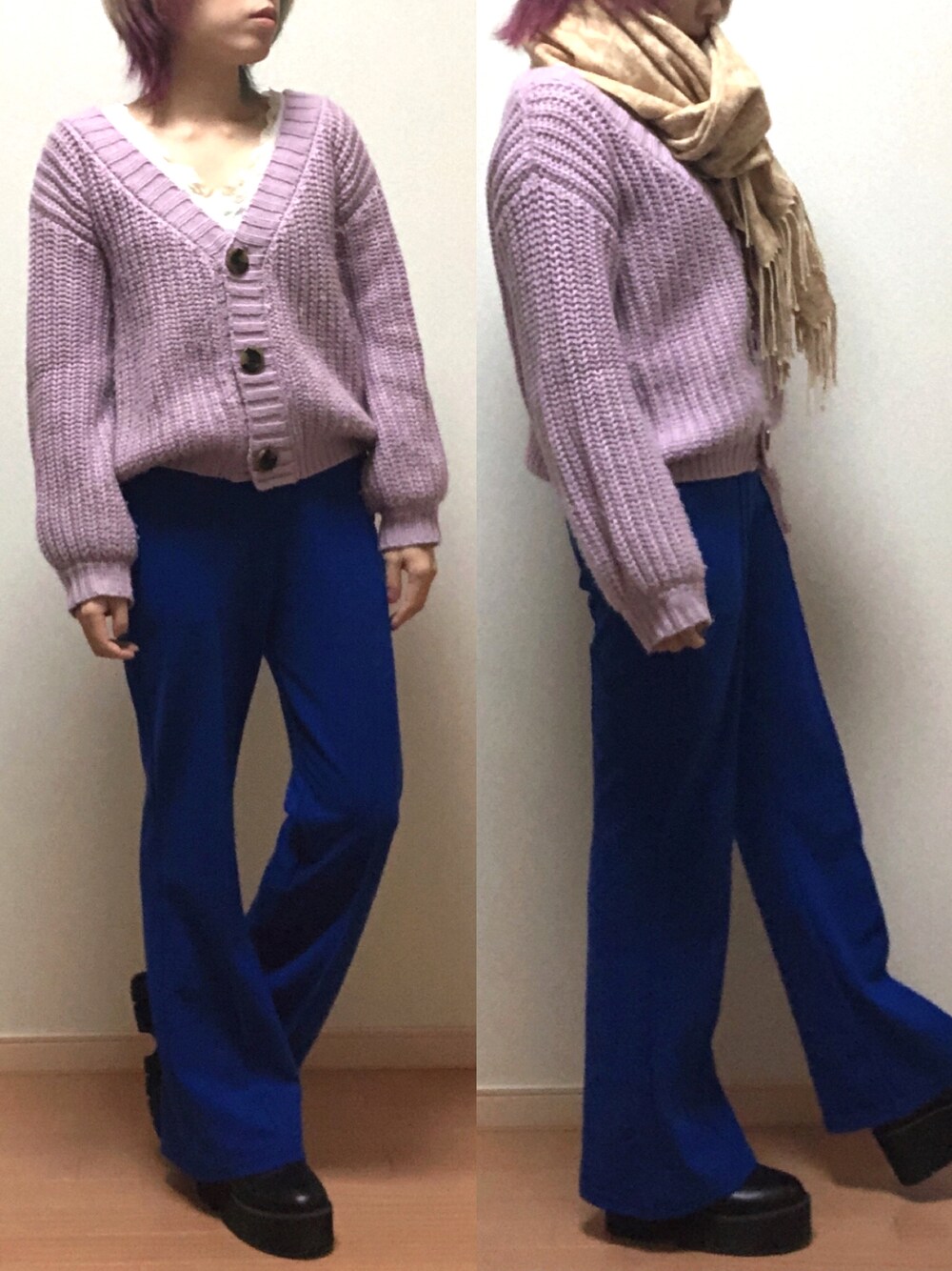 「大人カジュアル、ニットカーディガン、ストレートパンツ、カラーパンツ、ローファー、シンプル、カジュアル」｜「INGNIの片畦／ショートカーディガン（カーディガン/ボレロ、パープル系）」を使った、𝔸𝕤𝕒𝕞𝕚.さん（レディース・157cm）の秋コーディネートの1枚目の写真