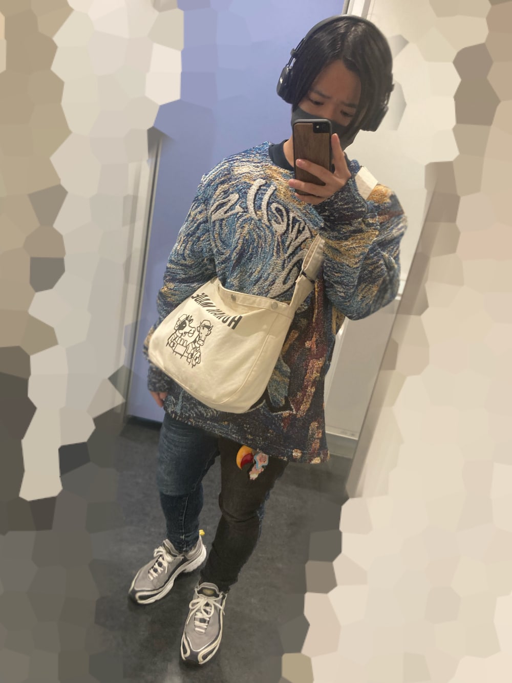 「デニム、秋コーデ、スポーツミックス、オトナカジュアル、お洒落さんとつながりたい、スニーカー、reebok、低身長コーデ、いいね、save、フォローお願いします🤑、休日スタイル、WANNA、低身長、ストリート、HUMAN MADE、ゆるコーデ」｜「WANNAのアイテム（ニット/セーター、ブルー系）」を使った、M4S4T0さん（メンズ・160cm）の秋コーディネートの1枚目の写真