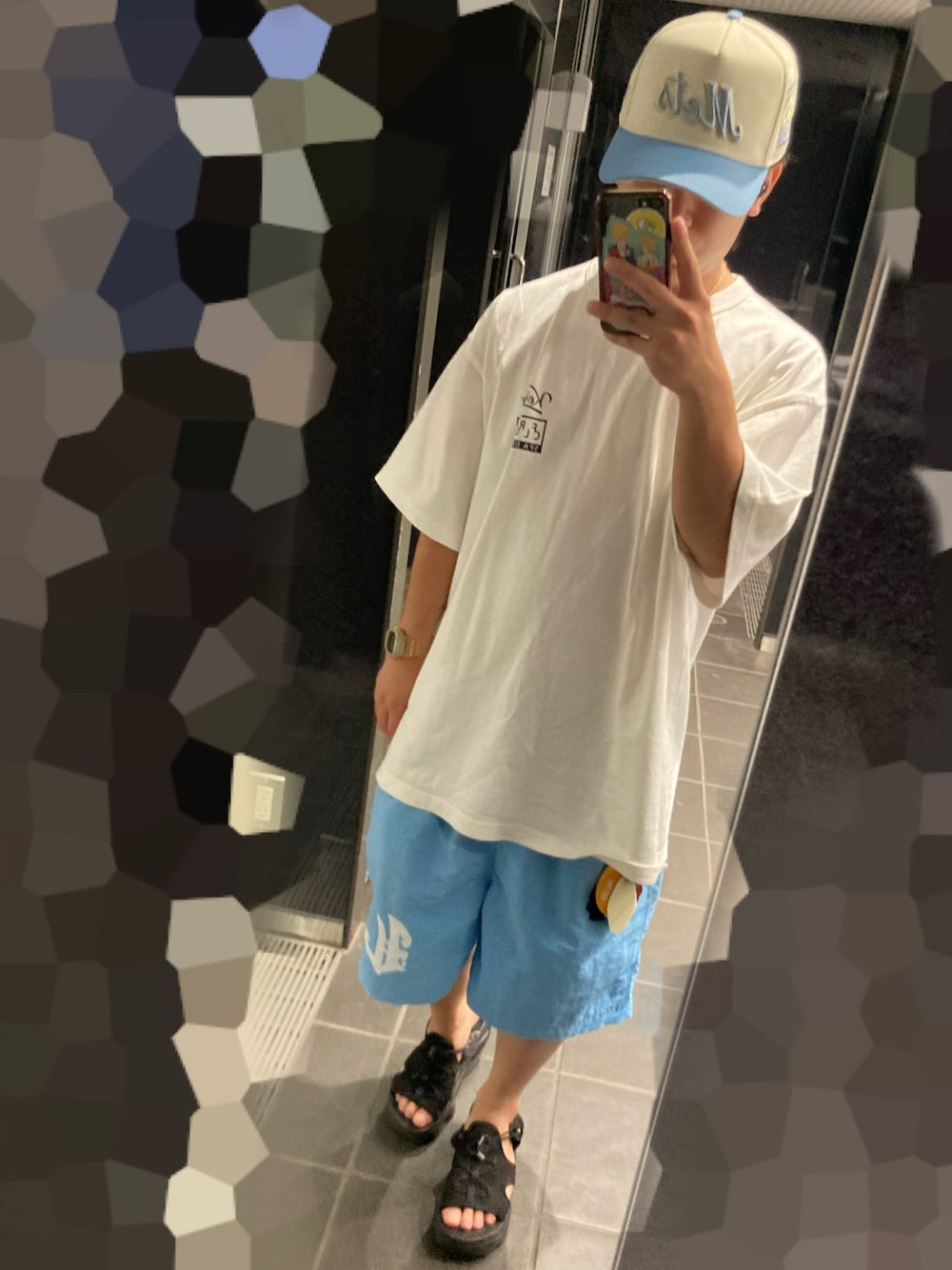 「休日コーデ、オトナカジュアル、夏ファッション、夏、Tシャツ、ショートパンツ、ハーフパンツ、サンダル、NEWERA、LEFLAH、水色、キャップ、いいね、save、フォローお願いします🤑、ootd、夏コーデ」｜「NIKEのNIKE ナイキ W AIRMAX KOKO SANDAL エアマックス KOKO サンダル WCI8798 003BLK/BLK（サンダル、ブラック系）」を使った、M4S4T0さん（メンズ・160cm）の夏コーディネートの1枚目の写真