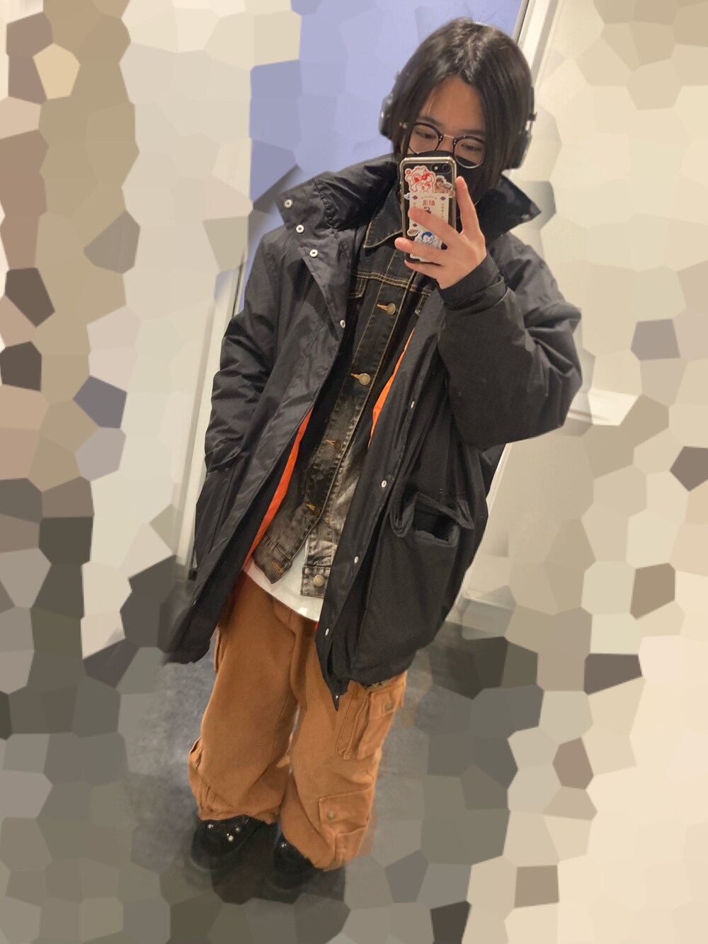 「ロングコート、冬アウター、淡色コーデ、お出かけコーデ、お洒落さんとつながりたい、今日のコーデ、LEFLAH、ONE UNDER HEAVEN、NIKE、ストリート、低身長、いいね、save、フォローお願いします🤑、カジュアルコーデ、ミリタリーコート、眼鏡」｜「ONE UNDER HEVENのアイテム（ミリタリージャケット、ブラック系）」を使った、M4S4T0さん（メンズ・160cm）の冬コーディネートの1枚目の写真