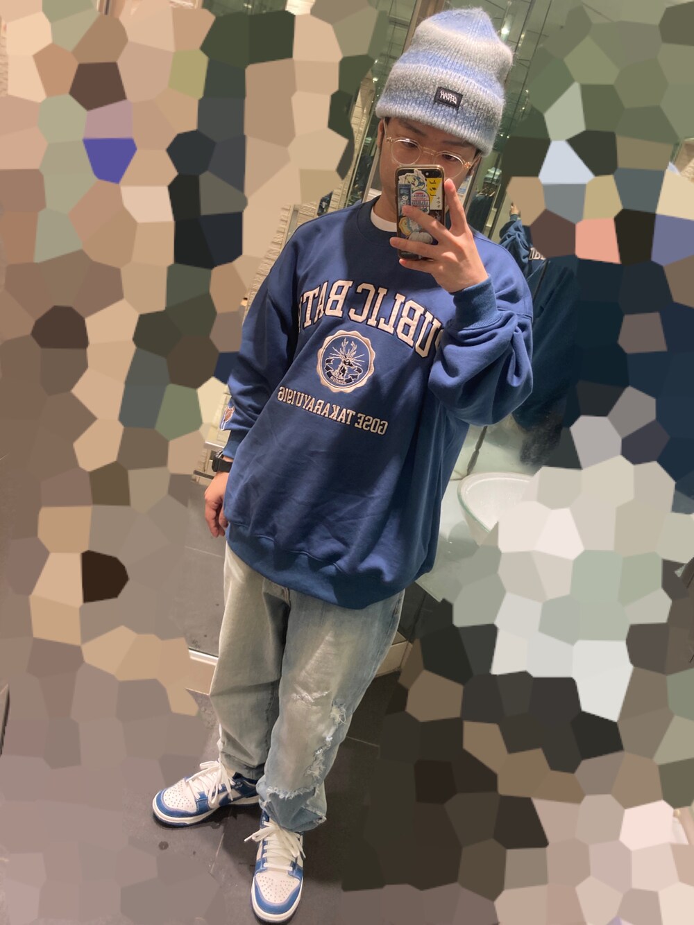 「春服、大人カジュアル、休日スタイル、おしゃれさんと繋がりたい、低身長、いいね、save、フォローお願いします🤑、青、ブルー、ストリート、NIKE、LEFLAH、めがね、スニーカー、スウェット、ニット帽」｜「NIKEのアイテム（スニーカー、ブルー系）」を使った、M4S4T0さん（メンズ・160cm）の春コーディネートの1枚目の写真