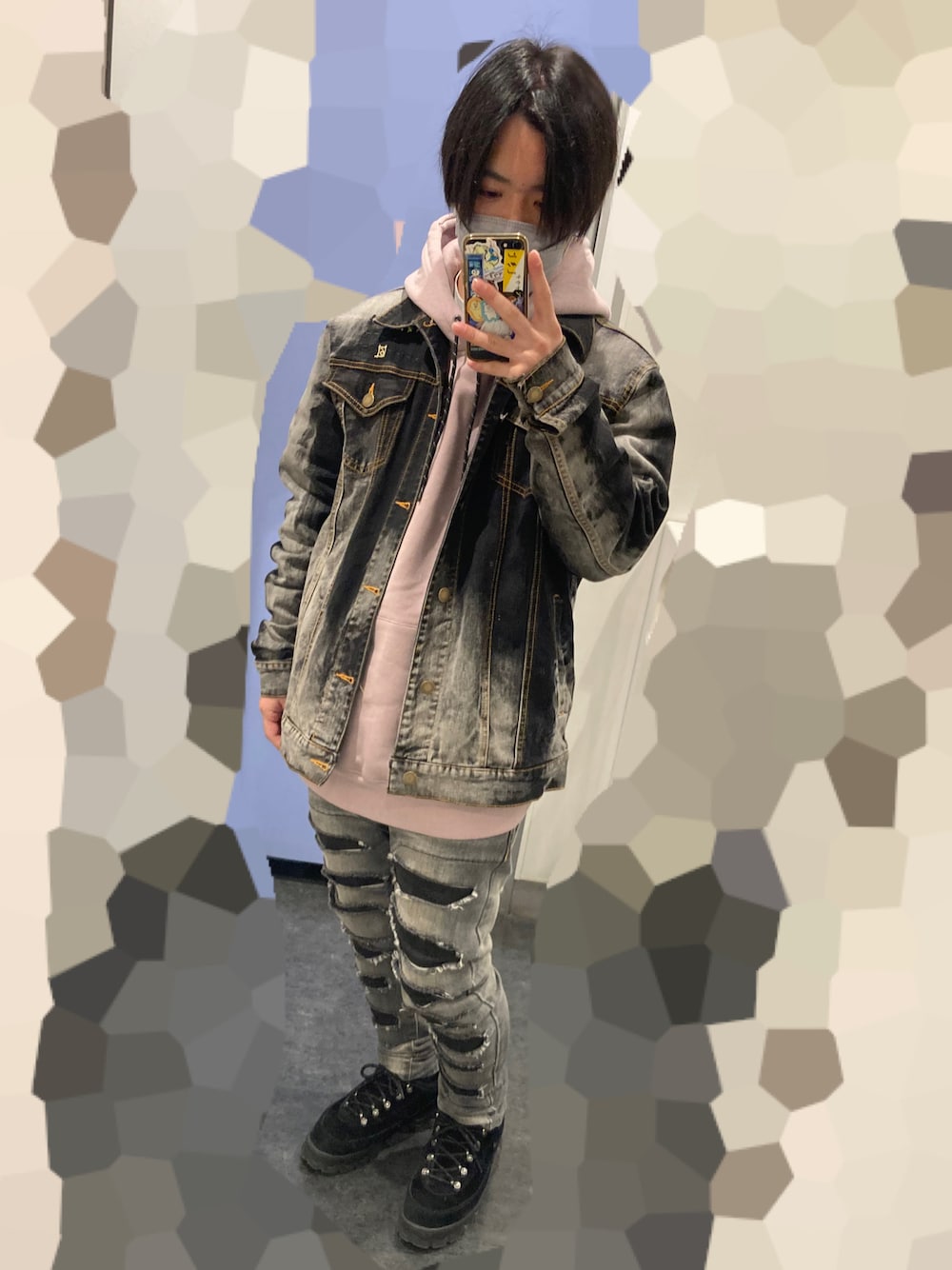 「春のおしゃ見えテクニック、大人カジュアル、おしゃれさんと繋がりたい、いいね、save、フォローお願いします🤑、デニム、デニムパンツ、デニムジャケット、パーカー、LEFLAH、低身長、ピンク、ストリート、アメカジ、NIKE」｜「LEFLAHのアイテム（デニムジャケット、グレー系）」を使った、M4S4T0さん（メンズ・160cm）の春コーディネートの1枚目の写真