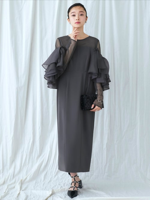 セール】オケージョンドレス 結婚式 ストレッチ ｜ ボリューム フリル