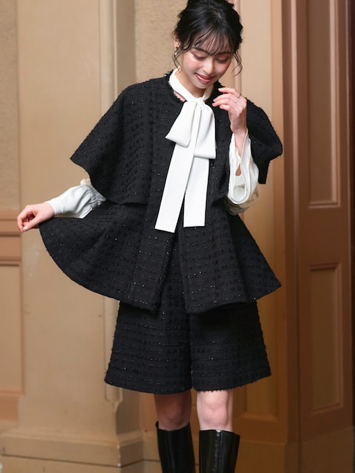 ツイード ケープ ジャケット ＆ 選べる パンツ セットアップ スーツ B