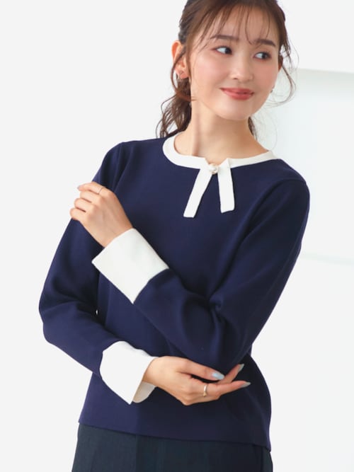 洗える ストレッチ ｜ 衿リボン バイカラー ニット ｜ 長袖 セーター