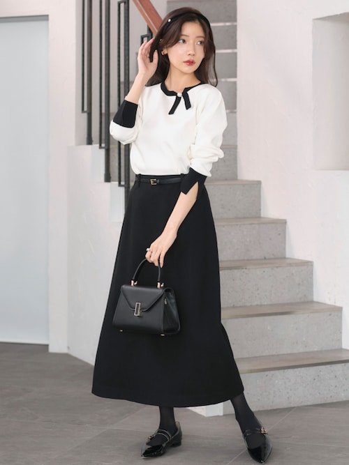 洗える ストレッチ ｜ 衿リボン バイカラー ニット ｜ 長袖 セーター