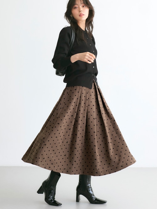 洗える ｜ ドット ＆ リボン フロッキー タック フレア スカート