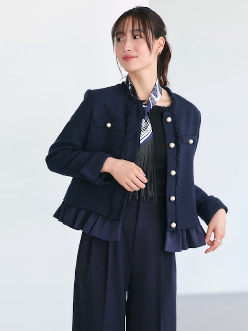 4点セット ルイルエブティック パンツ スーツ ツイード ノーカラー ラメ ルイルエブティック RUIRUE BOUTIQUE ストレッチ ｜ ノーカラー