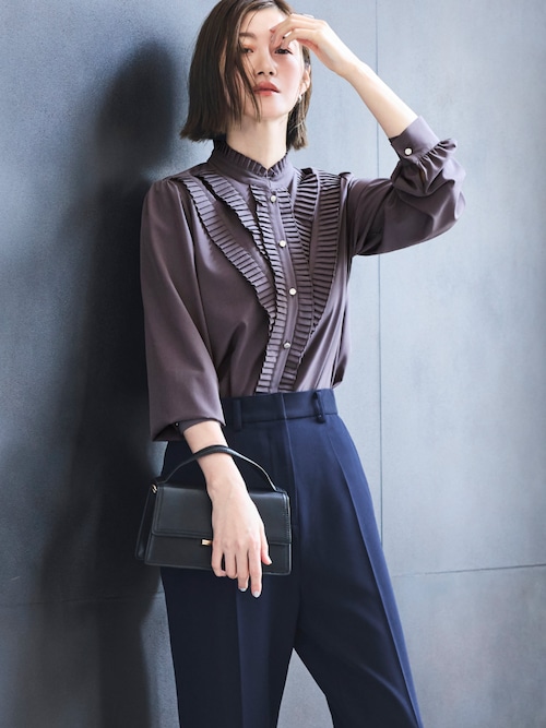 洗える ストレッチ ｜ プリーツ スタンドカラー ブラウス