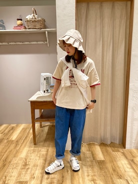 「Samansa Mos2（サマンサ モスモス）のビックシルエットバンドカラーシャツ（シャツ/ブラウス）」を使った、りょうさん（レディース・156cm）の夏コーディネート