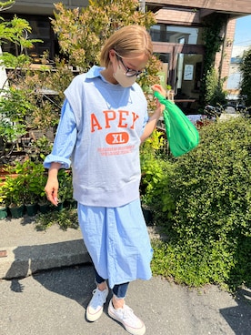 「アイテム（シャツワンピース、ブルー系）」を使った、aiさん（レディース・161cm）の夏コーディネート