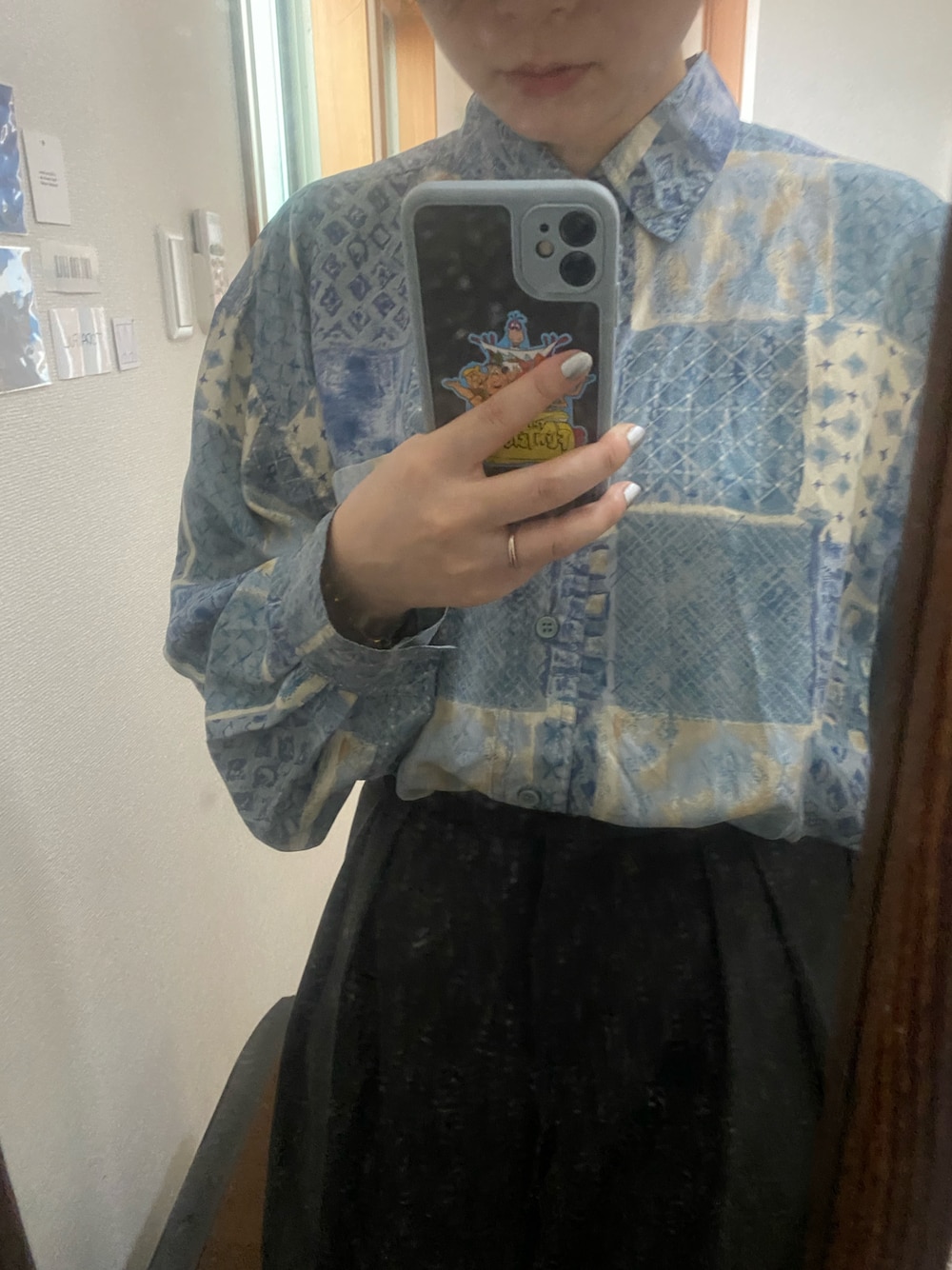 「秋コーデ、休日スタイル、古着MIX、古着コーデ、柄シャツ」｜「TODAYFULのBonding Wide Trousers（その他パンツ、グレー系）」を使った、のんさん（レディース・161cm）の秋コーディネートの1枚目の写真