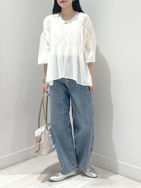 「GLOBAL WORK（グローバルワーク）のGOODデニムバギーパンツ/118365（デニムパンツ）」を使った、ぽてとさん（レディース・158cm・20代）の夏コーディネート