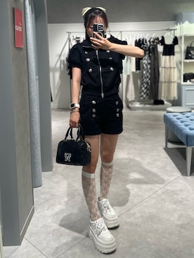「OLIVE des OLIVE（オリーブデオリーブ）のナポレオンスウェットブルゾン（トップス、ブラック系）」を使った、Risaさん（レディース・152cm）の夏コーディネート