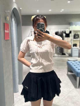 「OLIVE des OLIVE（オリーブデオリーブ）のシャツレイヤードケーブルトップス（ニット/セーター、ピンク系）」を使った、Risaさん（レディース・152cm）の夏コーディネート