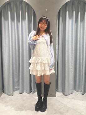 「OLIVE des OLIVE（オリーブデオリーブ）の肩リボンミニキャミワンピとボレロセット（ワンピース、ブルー系）」を使った、Risaさん（レディース・152cm）の春コーディネート