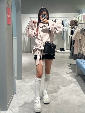 「OLIVE des OLIVE（オリーブデオリーブ）の【Premium order】レースフリルショートパンツ（パンツ、ブラック系）」を使った、Risaさん（レディース・152cm）の夏コーディネート