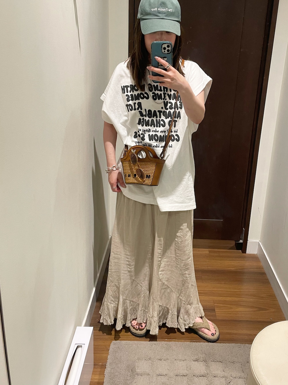 「夏コーデ、リラックススタイル、サンダルコーデ、おしゃれさんと繋がりたい、初夏コーデ、大人カジュアルコーデ、楽チンコーデ」｜「The Frankie Shopのアイテム（キャップ、グリーン系）」を使った、keicoさん（レディース・156cm）の夏コーディネートの1枚目の写真