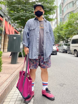 「アイテム（トートバッグ、パープル系）」を使った、SuGaKeNさん（メンズ・170cm）の夏コーディネート