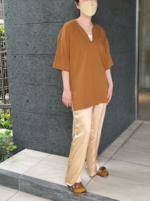 【ベースレンジ】シルク混 イエロー ワイドパンツS 光沢 きれいめ 楽ちん ベースレンジ】シルク混 イエロー ワイドパンツS 光沢 きれいめ