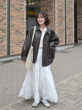 「MONO-MART LADY'S（モノマートレディース）の比翼デザインヴィンテージライク オーバーサイズブルゾン（ブルゾン、ブラウン系）」を使った、あちょりさん（レディース・163cm）の春コーディネート