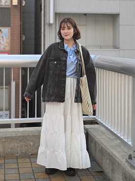 「Dream garden（ドリームガーデン）のYUGA ボリュームカラー　フレンチデザインブラウス（シャツ/ブラウス、ブルー系）」を使った、あちょりさん（レディース・163cm）の春コーディネート