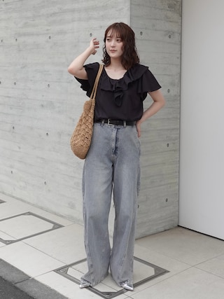 「RANAN（ラナン）の[綿100％/接触冷感]ビックフリルカラーTシャツ（Tシャツ/カットソー）」を使った、あちょりさん（レディース・163cm）の夏コーディネート