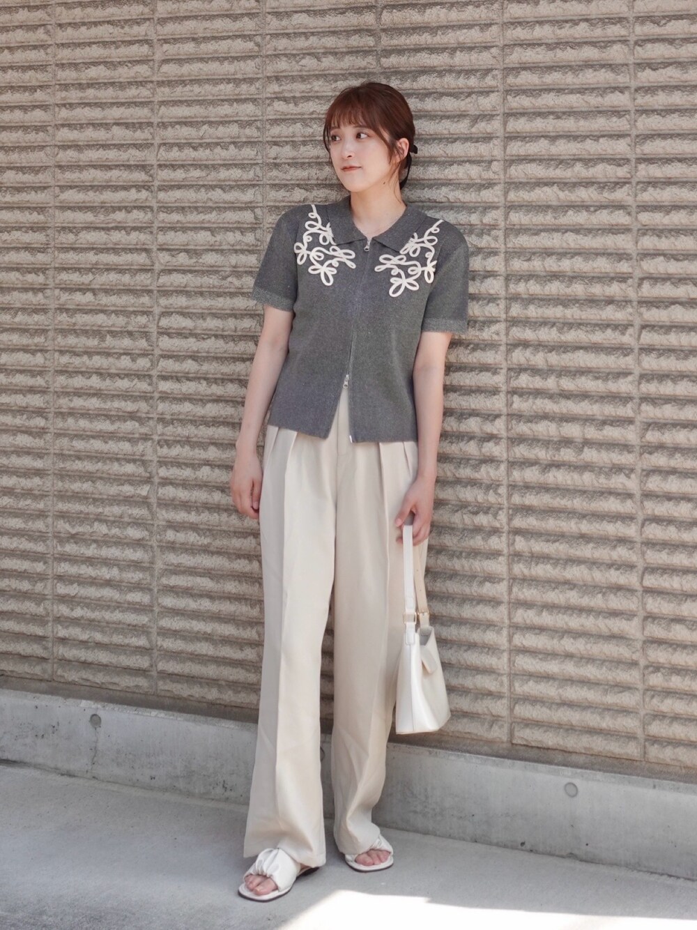 ニット セーター コード刺繍半袖ポロニット レディース LIAN ニット セーター コード刺繍半袖ポロニット レディース