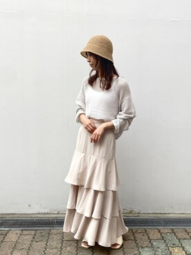 「one after another NICE CLAUP（ワンアフターアナザーナイスクラップ）のアイテム（帽子）」を使った、小坂祐美さん（レディース・158cm）の春コーディネート