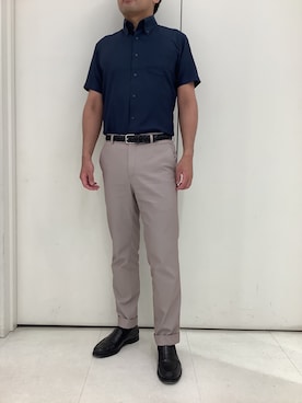 「TOKYO SHIRTS（トウキョウシャツ）の【吸水速乾】【COFREX】 形態安定ノンアイロン ボタンダウン 半袖ビジネスワイシャツ（ビジネスシャツ、ブルー系）」を使った、BRICK HOUSE シャツ工房 大和郡山イオンモール店さん（メンズ・176cm）の夏コーディネート