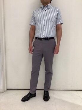 「TOKYO SHIRTS（トウキョウシャツ）の【Layered Cool】【吸水速乾】 形態安定ノンアイロン ボタンダウン 半袖ビジネスワイシャツ（ビジネスシャツ、ブルー系）」を使った、BRICK HOUSE シャツ工房 大和郡山イオンモール店さん（メンズ・176cm）の夏コーディネート