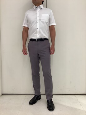 「TOKYO SHIRTS（トウキョウシャツ）の【超形態安定】【吸水速乾】 形態安定ノンアイロン ボタンダウン 半袖ビジネスワイシャツ（ビジネスシャツ、ホワイト系）」を使った、BRICK HOUSE シャツ工房 大和郡山イオンモール店さん（メンズ・176cm）の夏コーディネート