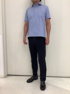 「TOKYO SHIRTS（トウキョウシャツ）のビズポロ クールタッチコットン 綿100% 半袖ポロシャツ（ポロシャツ、ブルー系）」を使った、BRICK HOUSE シャツ工房 大和郡山イオンモール店さん（メンズ・176cm）の夏コーディネート