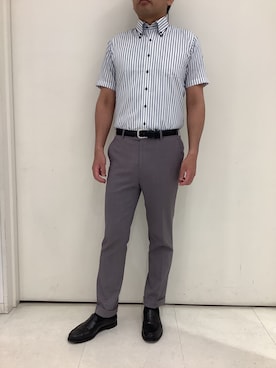 「TOKYO SHIRTS（トウキョウシャツ）の【Layered Cool】【吸水速乾】 形態安定ノンアイロン ボタンダウン 半袖ビジネスワイシャツ（ビジネスシャツ、ブルー系）」を使った、BRICK HOUSE シャツ工房 大和郡山イオンモール店さん（メンズ・176cm）の夏コーディネート