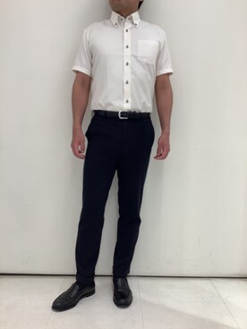 「TOKYO SHIRTS（トウキョウシャツ）の【超形態安定】【接触冷感】 形態安定ノンアイロン ボタンダウン 半袖ビジネスワイシャツ（ビジネスシャツ、イエロー系）」を使った、BRICK HOUSE シャツ工房 大和郡山イオンモール店さん（メンズ・176cm）の夏コーディネート