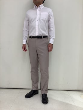 「TOKYO SHIRTS（トウキョウシャツ）の【吸水速乾】 形態安定ノンアイロン ボタンダウン 長袖ビジネスワイシャツ（ビジネスシャツ、ピンク系）」を使った、BRICK HOUSE シャツ工房 大和郡山イオンモール店さん（メンズ・176cm）の夏コーディネート