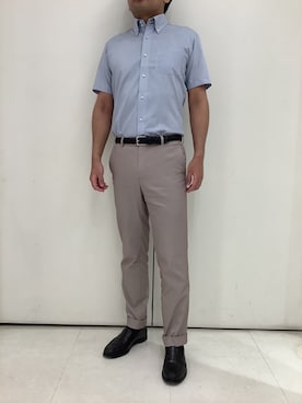 「TOKYO SHIRTS（トウキョウシャツ）の【吸水速乾】 形態安定ノンアイロン ドゥエボットーニ 半袖ビジネスワイシャツ（ビジネスシャツ、ブルー系）」を使った、BRICK HOUSE シャツ工房 大和郡山イオンモール店さん（メンズ・176cm）の夏コーディネート