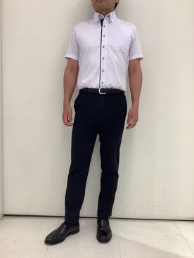 「TOKYO SHIRTS（トウキョウシャツ）の【Layered Cool】【吸水速乾】 形態安定ノンアイロン ボタンダウン 半袖ビジネスワイシャツ（ビジネスシャツ、パープル系）」を使った、BRICK HOUSE シャツ工房 大和郡山イオンモール店さん（メンズ・176cm）の夏コーディネート