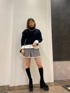 「EMODA（エモダ）のアイテム（イヤリング）」を使った、加納沙耶佳さん（レディース・152cm）の冬コーディネート