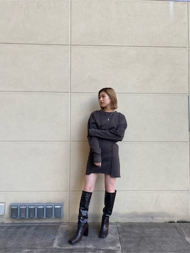 「EMODA（エモダ）のスクエアポイントミドルブーツ（ブーツ）」を使った、加納沙耶佳さん（レディース・152cm）の秋コーディネート